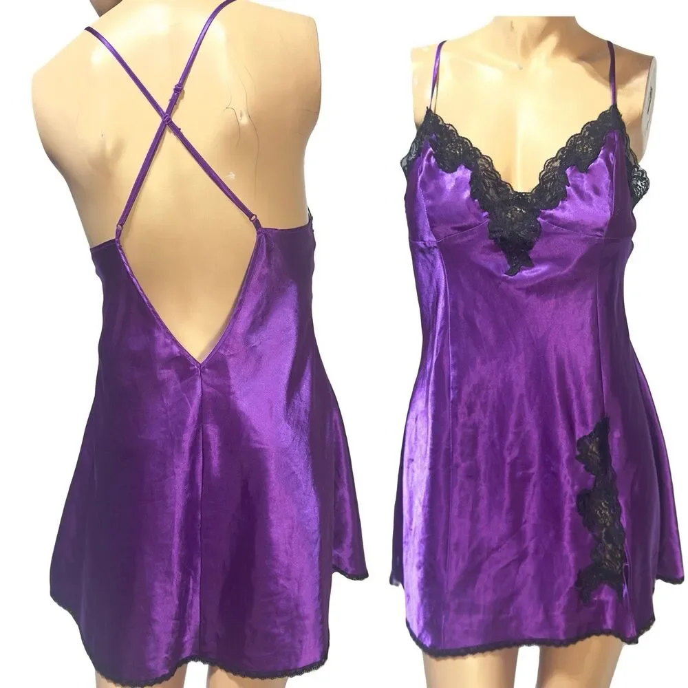Vintage Frederick's Of Hollywood Purple Satin Slip Dress Lingerie Nightie Size L
